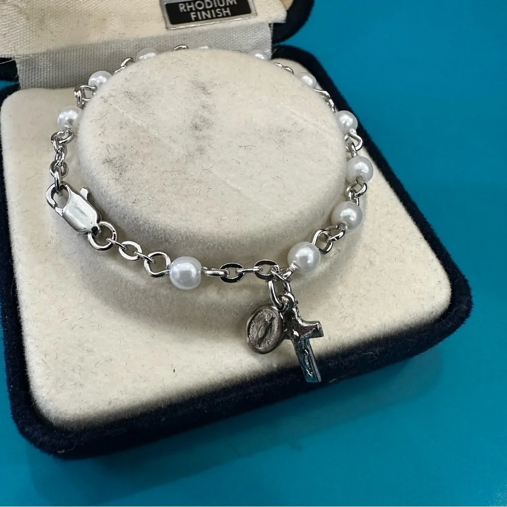 Rhodium Plated Faux Pearl Crucifix Cross Religious Medal Bracelet Baby Jewelry